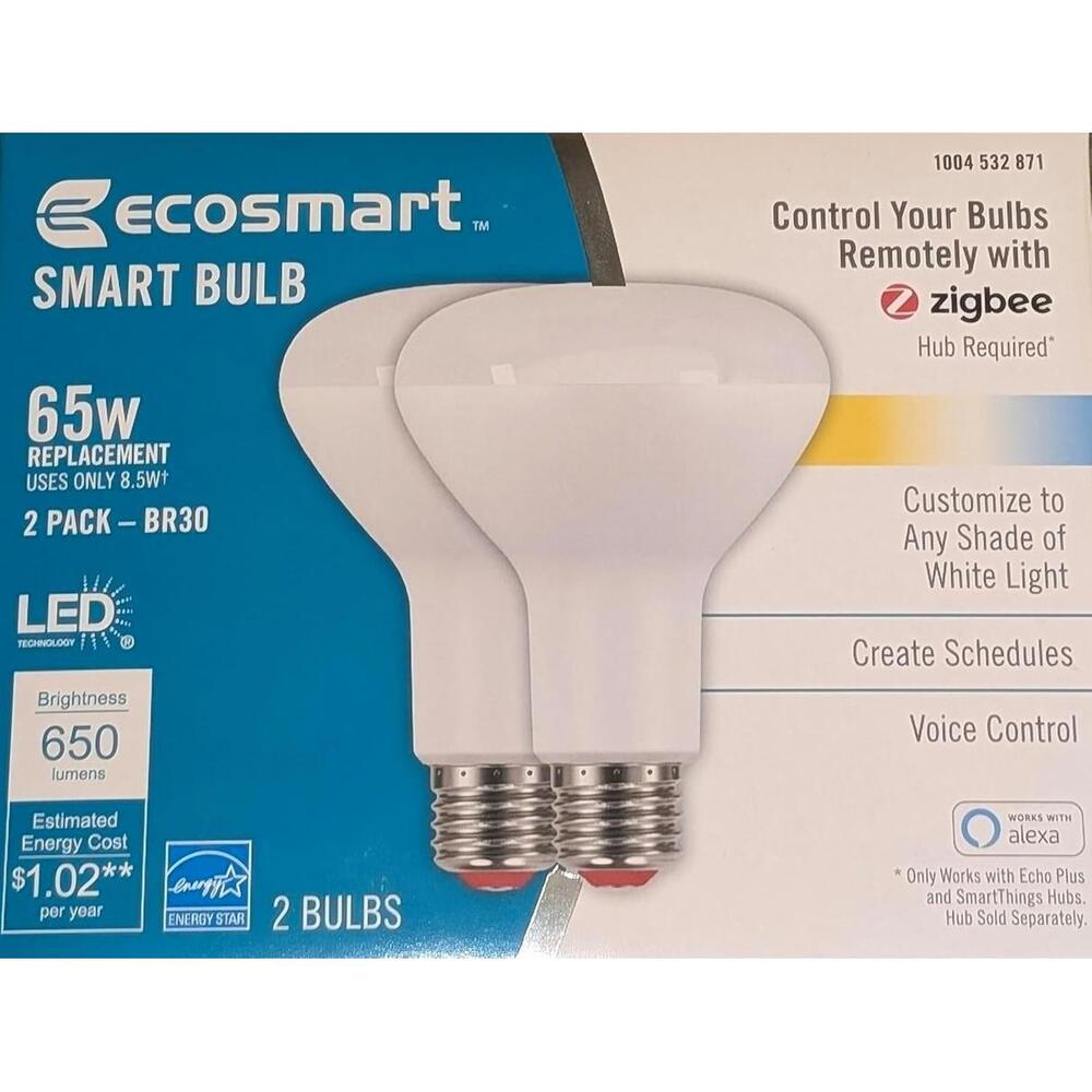 EcoSmart 65-Watt BR30 LED Smart Bulbs - 2 Pk -650 Lumens customizable New In Box